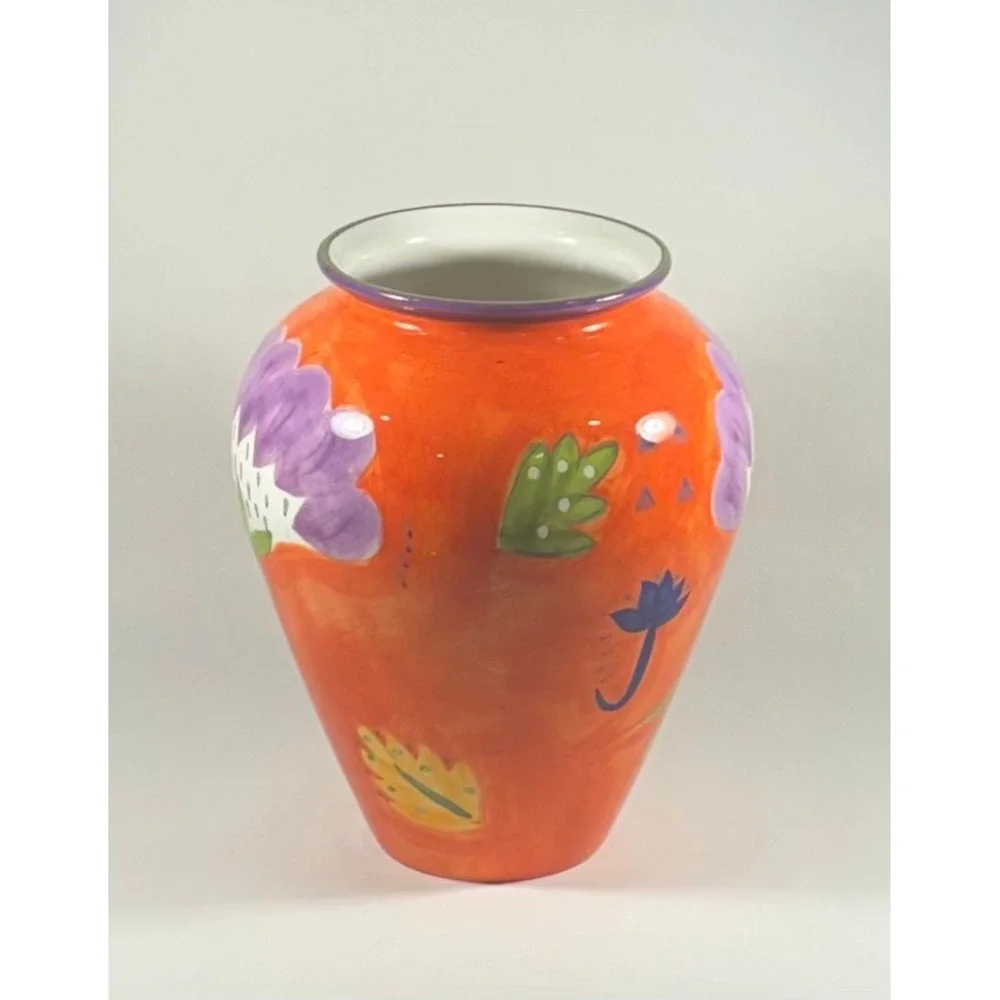 Susan Sargent Hand Painted Ceramic Floral Vase Orange Purple Studio Pottery 10in
